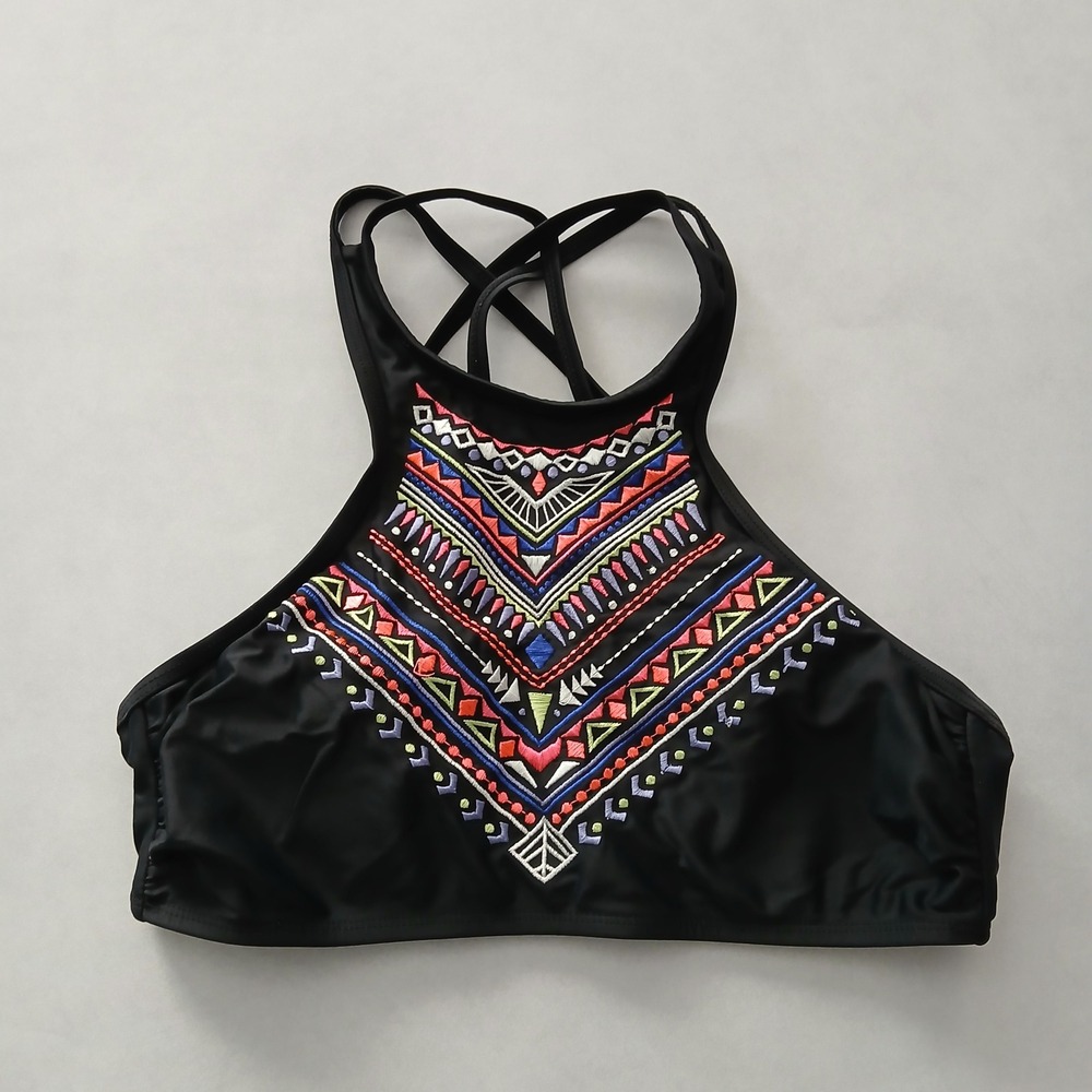 Black Y2K VTG Swim Tropical Resort Beach Grunge Goth Vacation Bikini Top Large